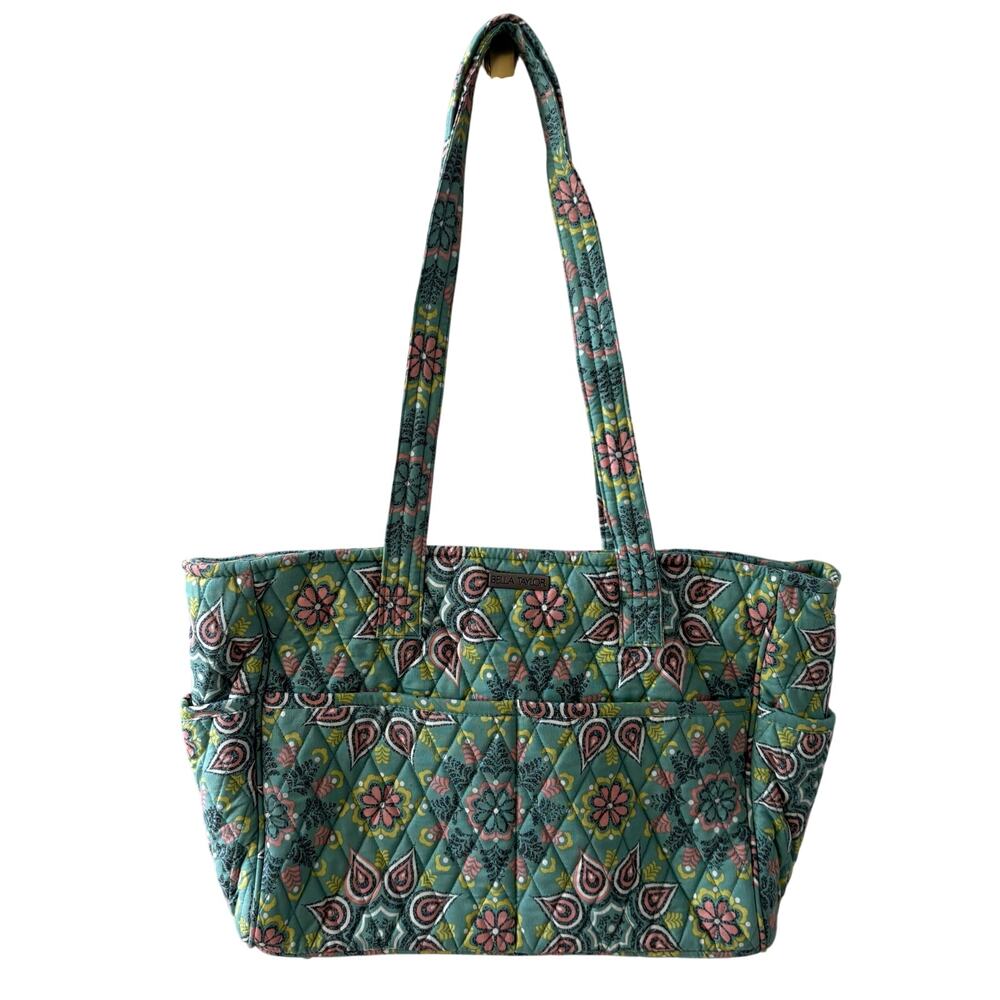 Bella Taylor Quilted Shoulder Bag Purse Everyday Tote Teal Pink Floral 16x10x4